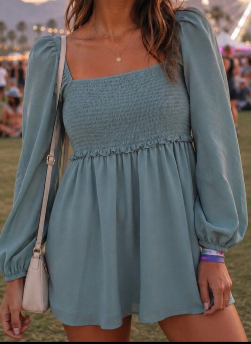 Revamped Sage Green Smocked Mini Dress XS Cottagecore Boho Puff Sleeve Babydoll